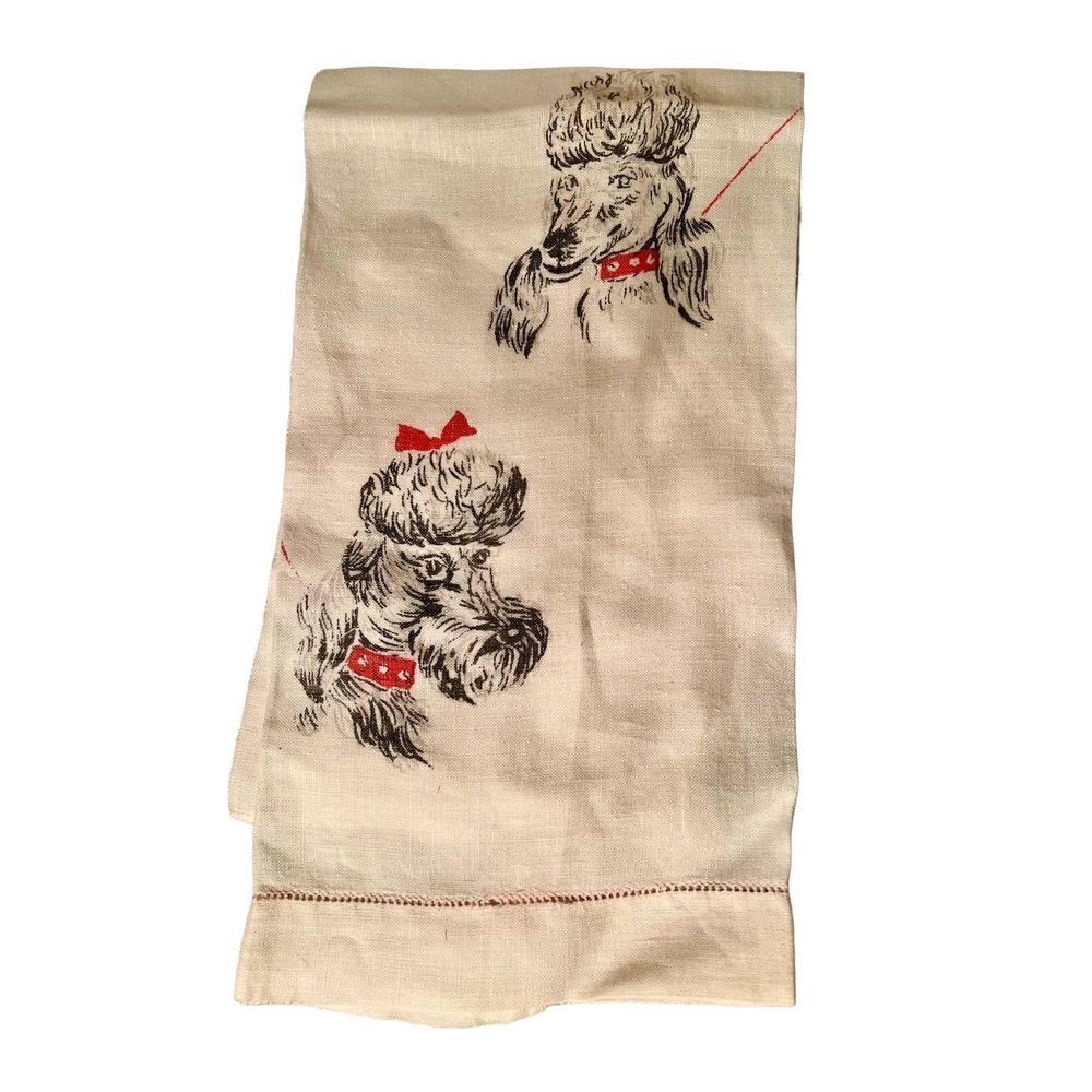 VTG Linen Guest Hand Towel Grey Poodles Red Leashes MCM Adorable VGC